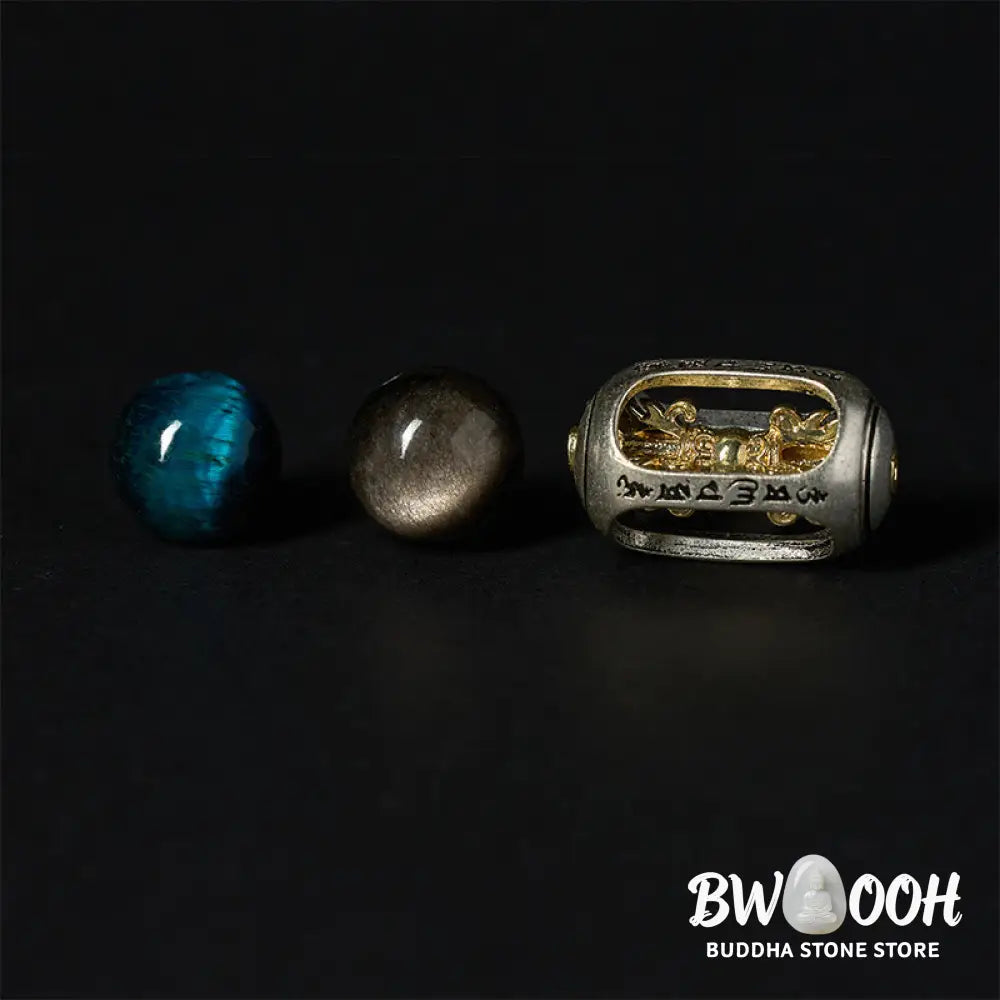 BWOOOH Natural Silver Sheen Obsidian Blue Tiger Eye Om Ma