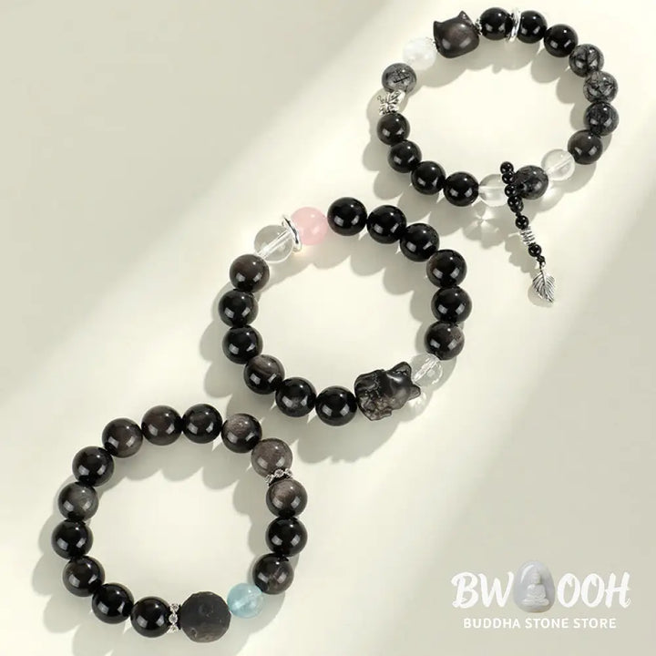 Buddha Stones Natural Silver Sheen Obsidian Cat Head Fox Planet Protection Bracelet - BWOOOH - Bracelet