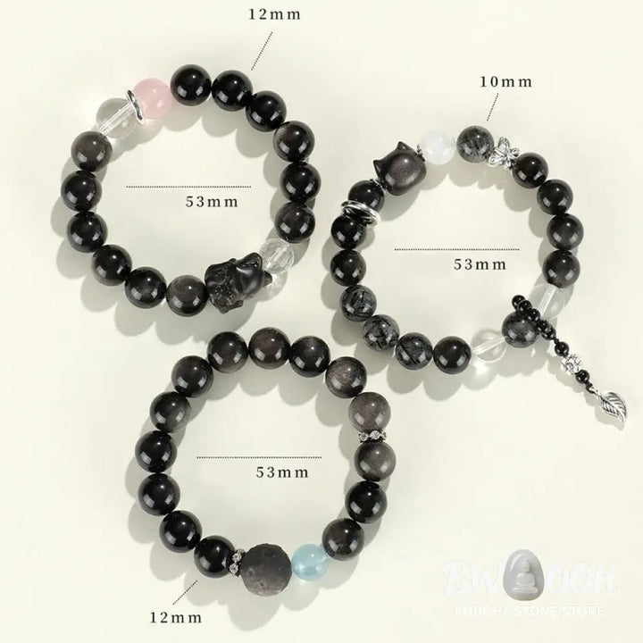 Buddha Stones Natural Silver Sheen Obsidian Cat Head Fox Planet Protection Bracelet - BWOOOH - Bracelet