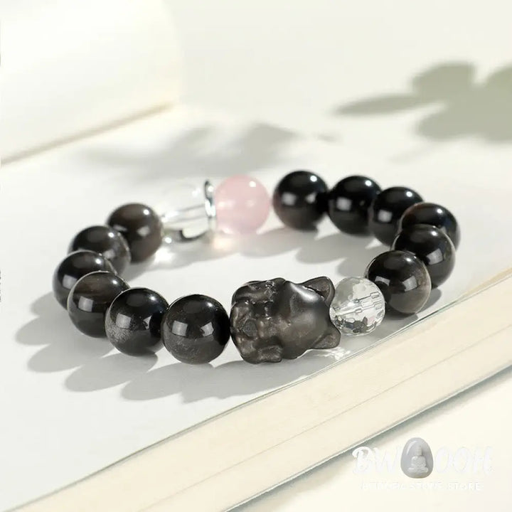 Buddha Stones Natural Silver Sheen Obsidian Cat Head Fox Planet Protection Bracelet - BWOOOH - Bracelet