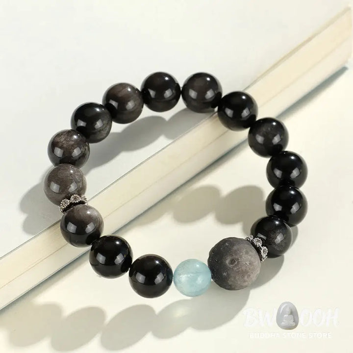 Buddha Stones Natural Silver Sheen Obsidian Cat Head Fox Planet Protection Bracelet - BWOOOH - Bracelet
