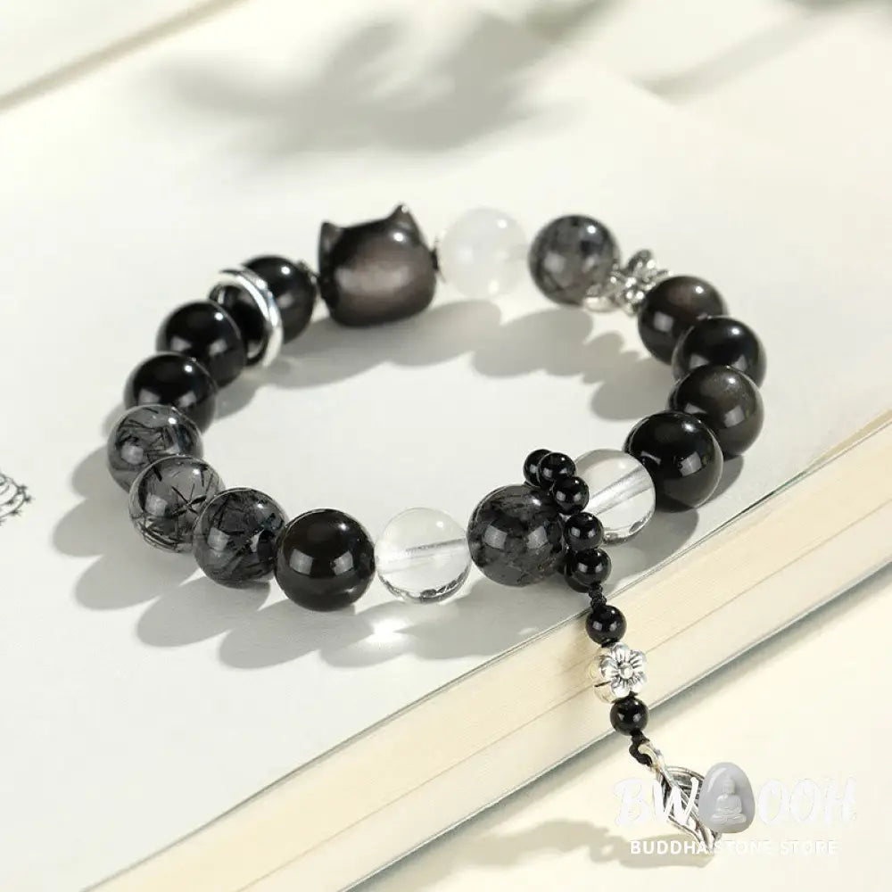 Buddha Stones Natural Silver Sheen Obsidian Cat Head Fox Planet Protection Bracelet - BWOOOH - Bracelet