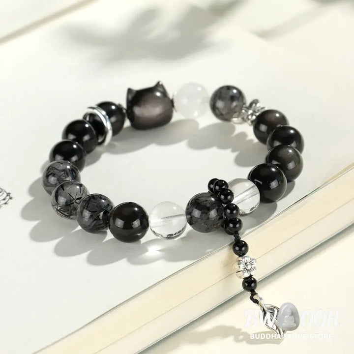 Buddha Stones Natural Silver Sheen Obsidian Cat Head Fox Planet Protection Bracelet - BWOOOH - Bracelet