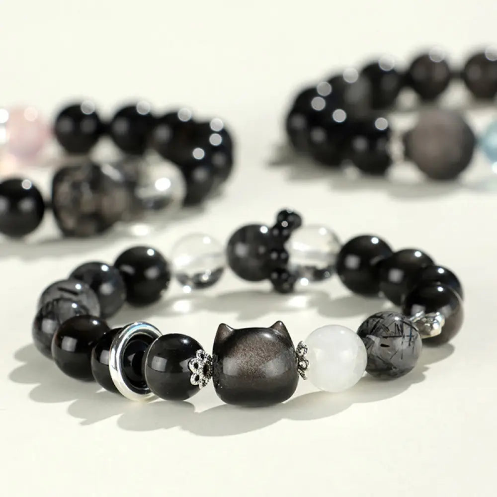 BWOOOH Natural Silver Sheen Obsidian Cat Head Fox Planet Protection Bracelet - BWOOOH - Bracelet