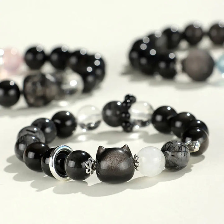BWOOOH Natural Silver Sheen Obsidian Cat Head Fox Planet Protection Bracelet - BWOOOH - Bracelet