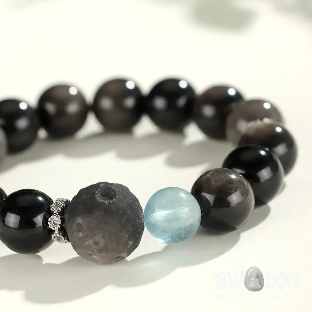 Buddha Stones Natural Silver Sheen Obsidian Cat Head Fox Planet Protection Bracelet - BWOOOH - Bracelet
