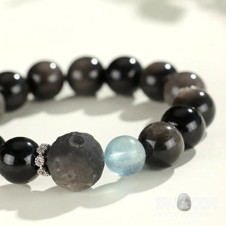 Buddha Stones Natural Silver Sheen Obsidian Cat Head Fox Planet Protection Bracelet - BWOOOH - Bracelet
