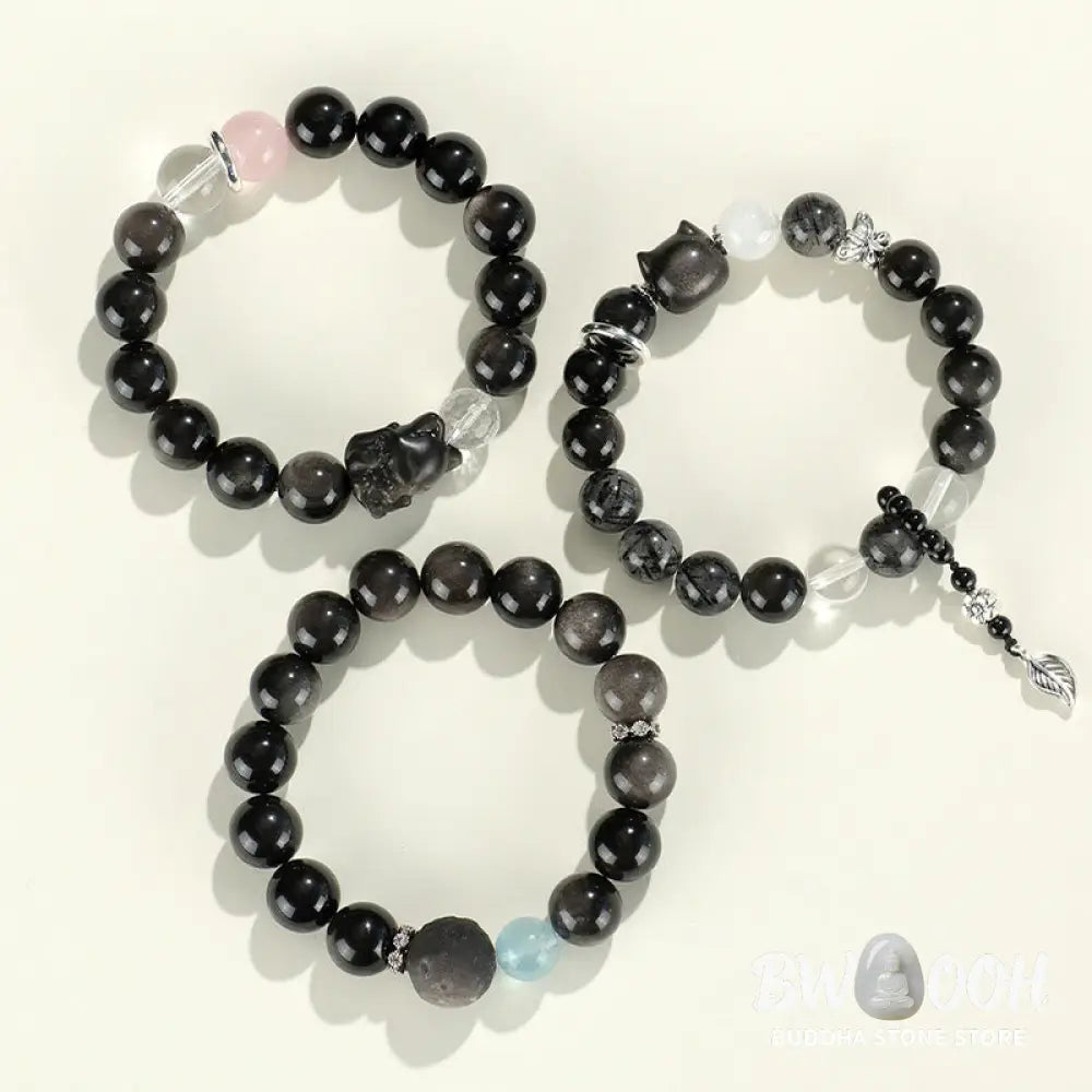 Buddha Stones Natural Silver Sheen Obsidian Cat Head Fox Planet Protection Bracelet - BWOOOH - Bracelet