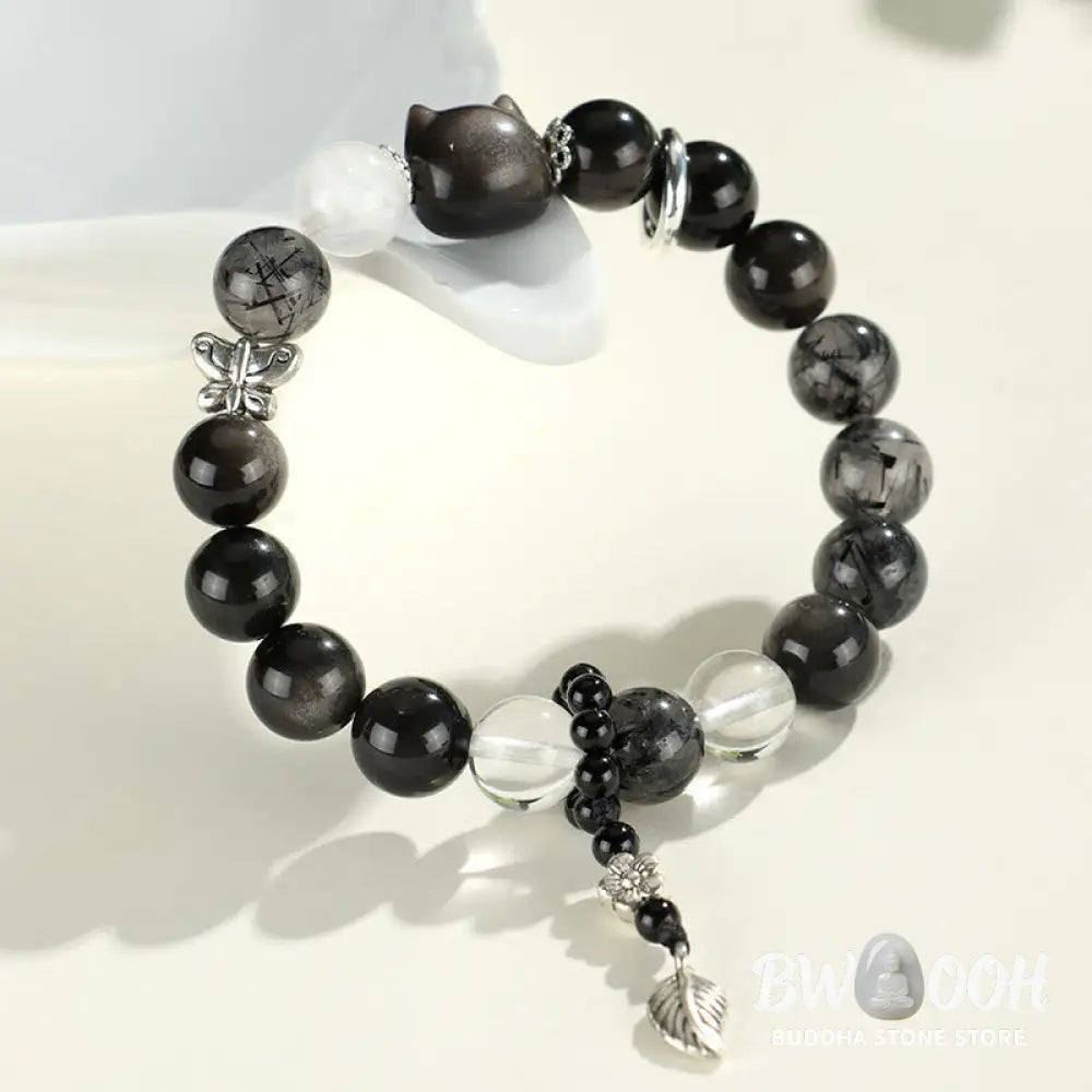 Buddha Stones Natural Silver Sheen Obsidian Cat Head Fox Planet Protection Bracelet - BWOOOH - Bracelet
