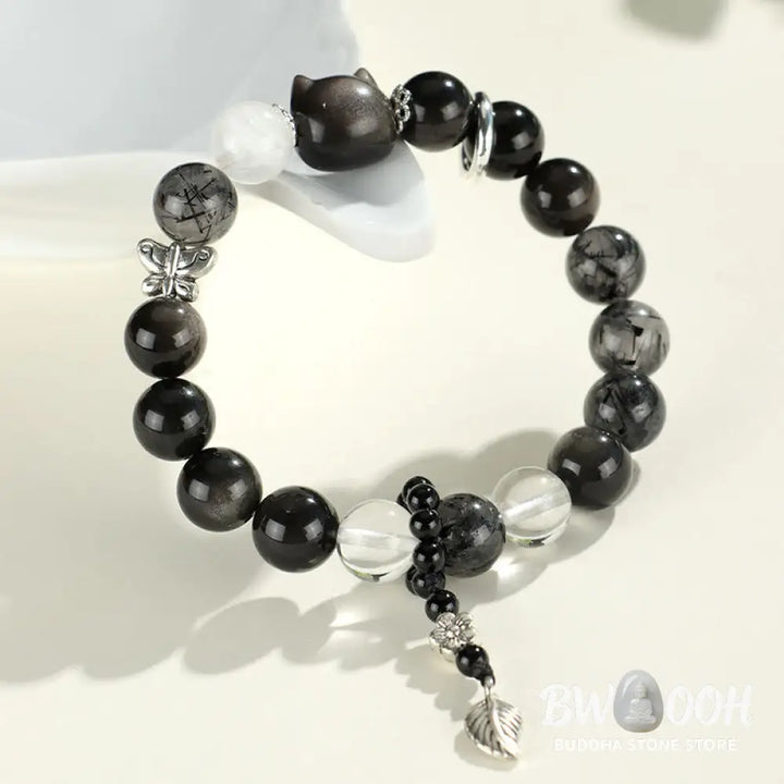 Buddha Stones Natural Silver Sheen Obsidian Cat Head Fox Planet Protection Bracelet - BWOOOH - Bracelet