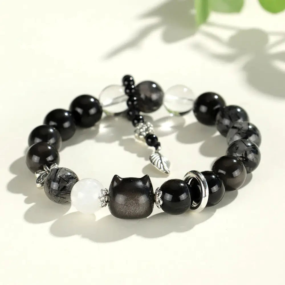 Buddha Stones Natural Silver Sheen Obsidian Cat Head Fox Planet Protection Bracelet - BWOOOH - Silver Sheen Obsidian