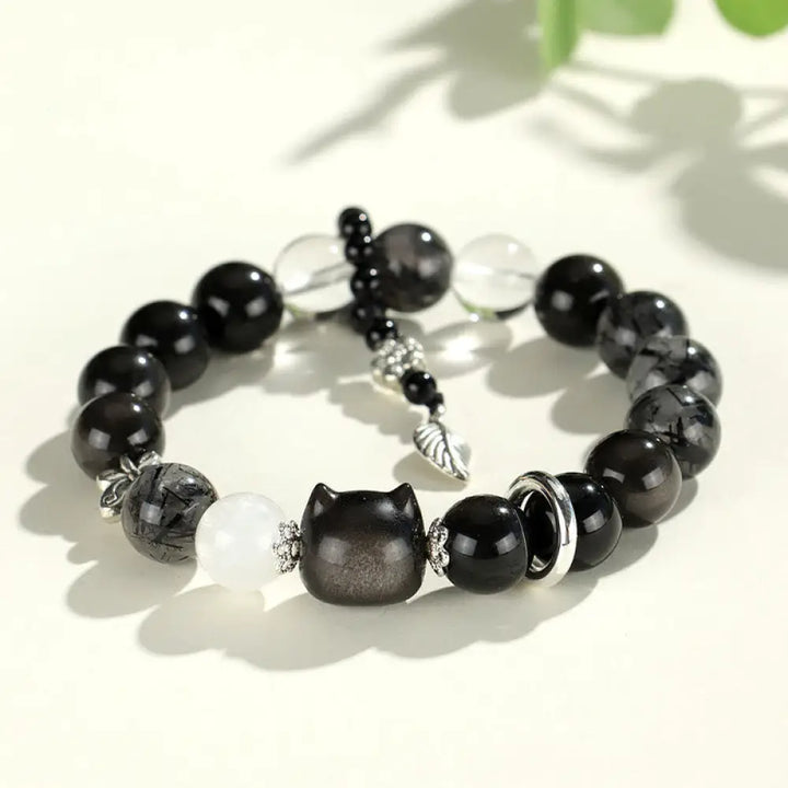 Buddha Stones Natural Silver Sheen Obsidian Cat Head Fox Planet Protection Bracelet - BWOOOH - Silver Sheen Obsidian