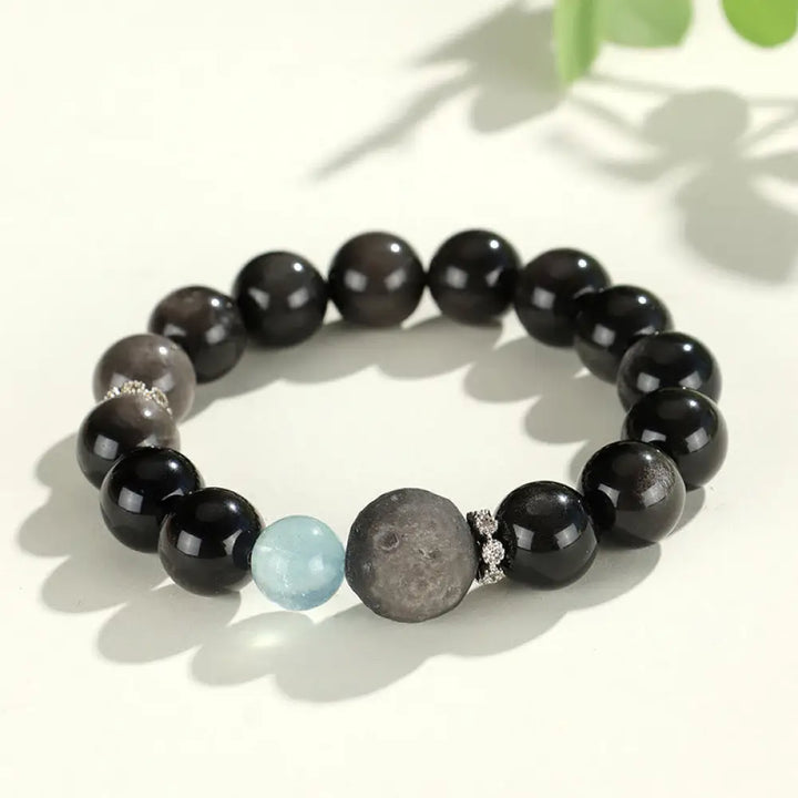 Buddha Stones Natural Silver Sheen Obsidian Cat Head Fox Planet Protection Bracelet - BWOOOH - Silver Sheen Obsidian