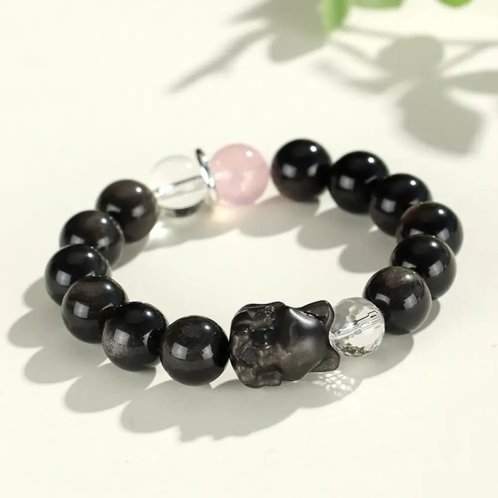 Buddha Stones Natural Silver Sheen Obsidian Cat Head Fox Planet Protection Bracelet - BWOOOH - Silver Sheen Obsidian