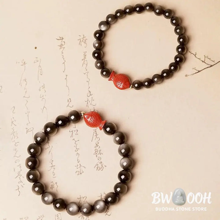 Buddha Stones Natural Silver Sheen Obsidian Cinnabar Koi Fish Soothing Protection Bracelet - BWOOOH - Bracelet