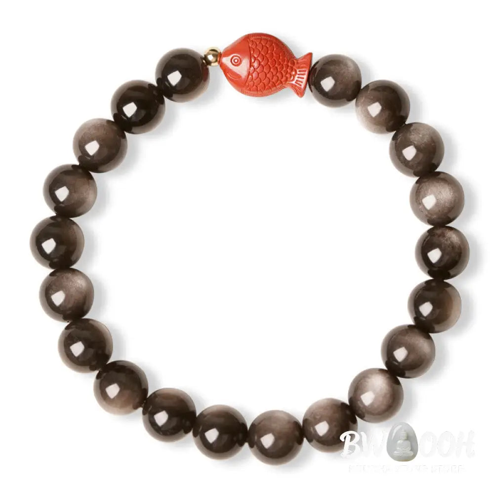 Buddha Stones Natural Silver Sheen Obsidian Cinnabar Koi Fish Soothing Protection Bracelet - BWOOOH - Bracelet