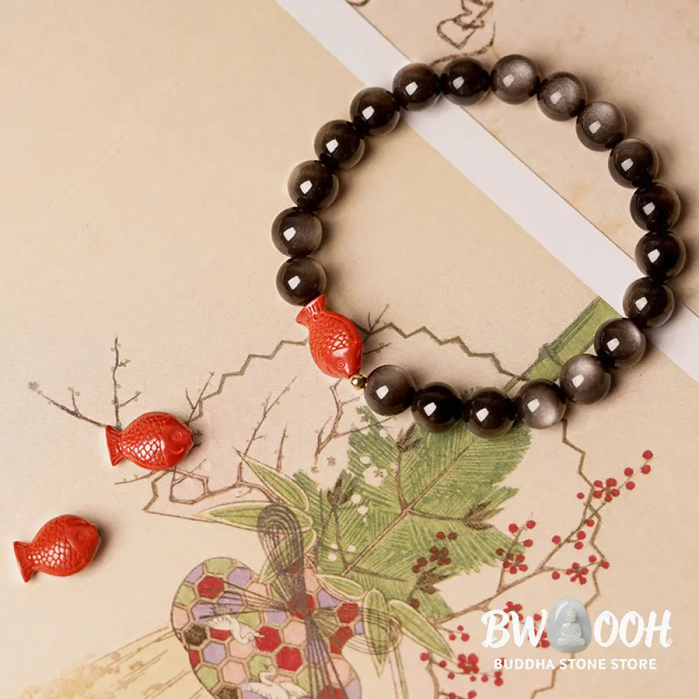 Buddha Stones Natural Silver Sheen Obsidian Cinnabar Koi Fish Soothing Protection Bracelet - BWOOOH - Bracelet