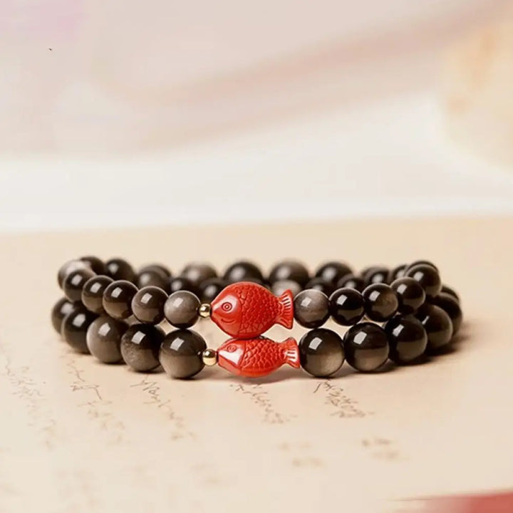 BWOOOH Natural Silver Sheen Obsidian Cinnabar Koi Fish Soothing Protection Bracelet - BWOOOH - Bracelet