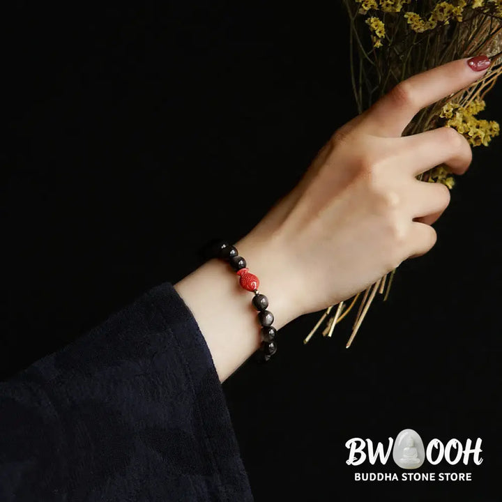 Buddha Stones Natural Silver Sheen Obsidian Cinnabar Koi Fish Soothing Protection Bracelet - BWOOOH - Bracelet