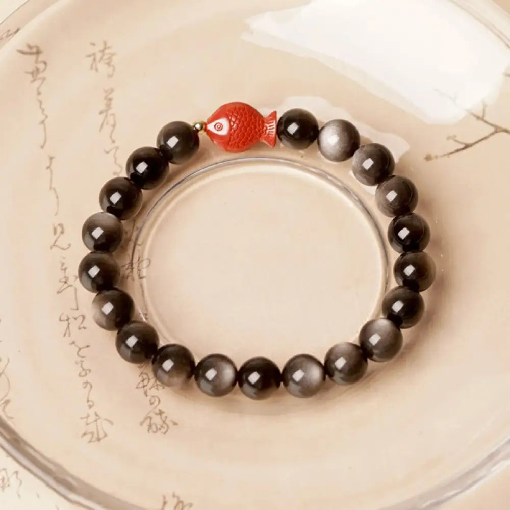 Buddha Stones Natural Silver Sheen Obsidian Cinnabar Koi Fish Soothing Protection Bracelet - BWOOOH - 6mm(Wrist