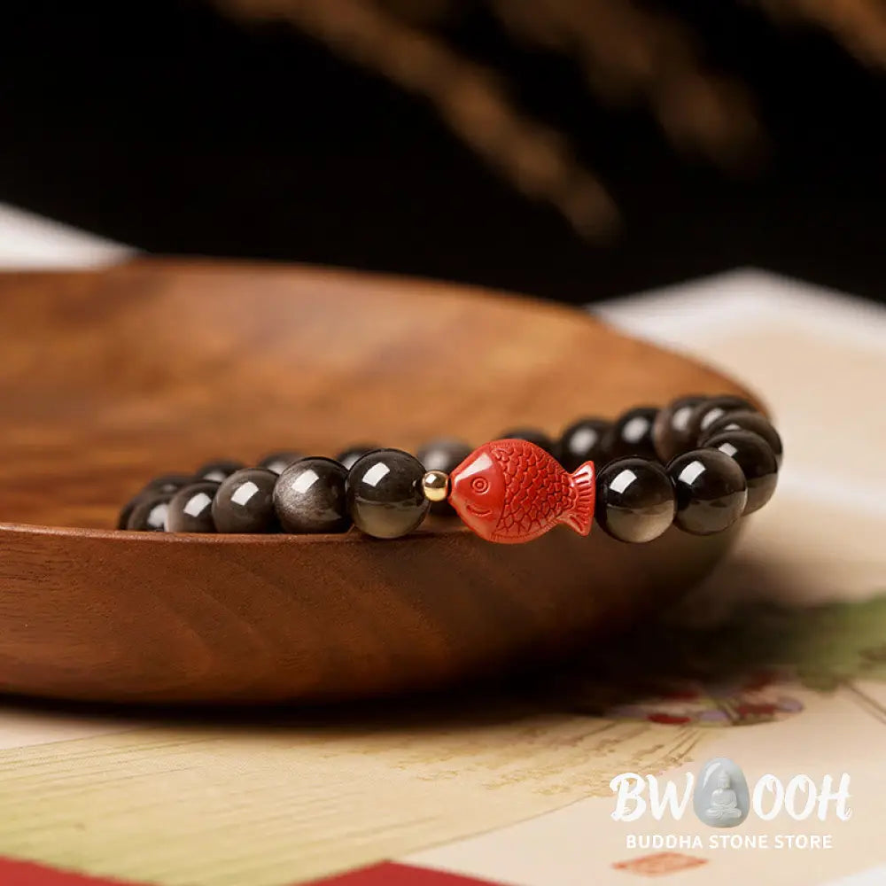 Buddha Stones Natural Silver Sheen Obsidian Cinnabar Koi Fish Soothing Protection Bracelet - BWOOOH - Bracelet