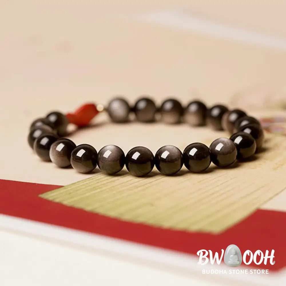 Buddha Stones Natural Silver Sheen Obsidian Cinnabar Koi Fish Soothing Protection Bracelet - BWOOOH - Bracelet