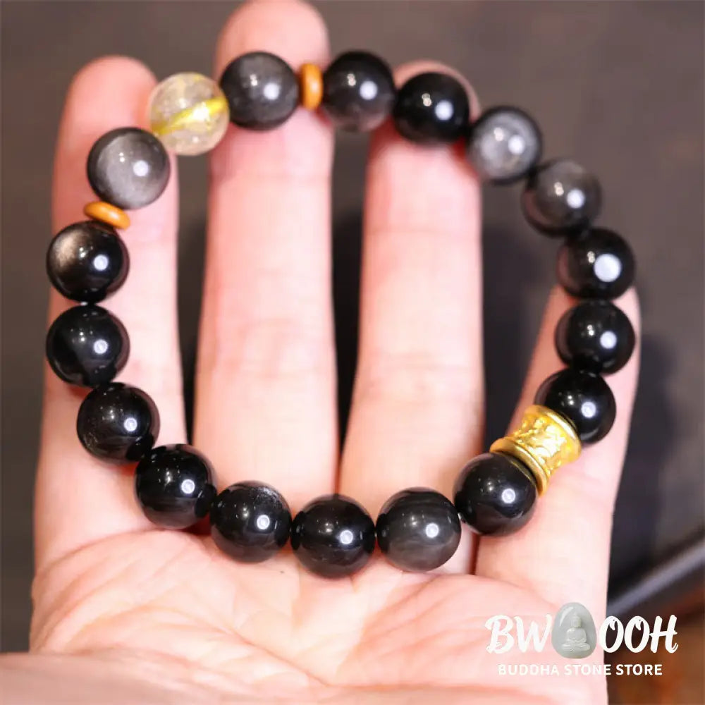 Buddha Stones Natural Silver Sheen Obsidian Crystal Om Mani Padme Hum Bead Protection Bracelet - BWOOOH - Bracelet