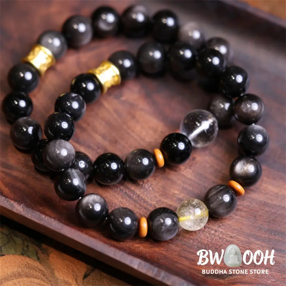 Buddha Stones Natural Silver Sheen Obsidian Crystal Om Mani Padme Hum Bead Protection Bracelet - BWOOOH - Bracelet