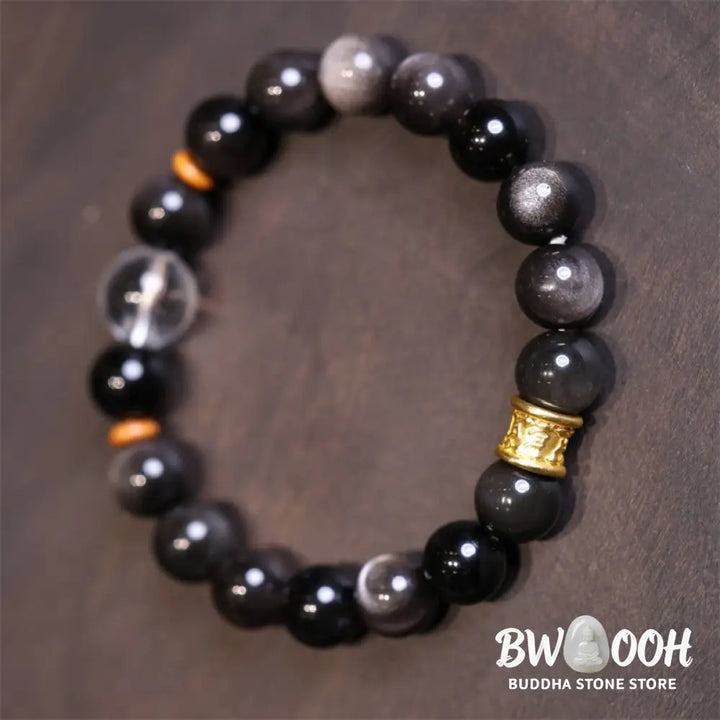 Buddha Stones Natural Silver Sheen Obsidian Crystal Om Mani Padme Hum Bead Protection Bracelet - BWOOOH - Bracelet