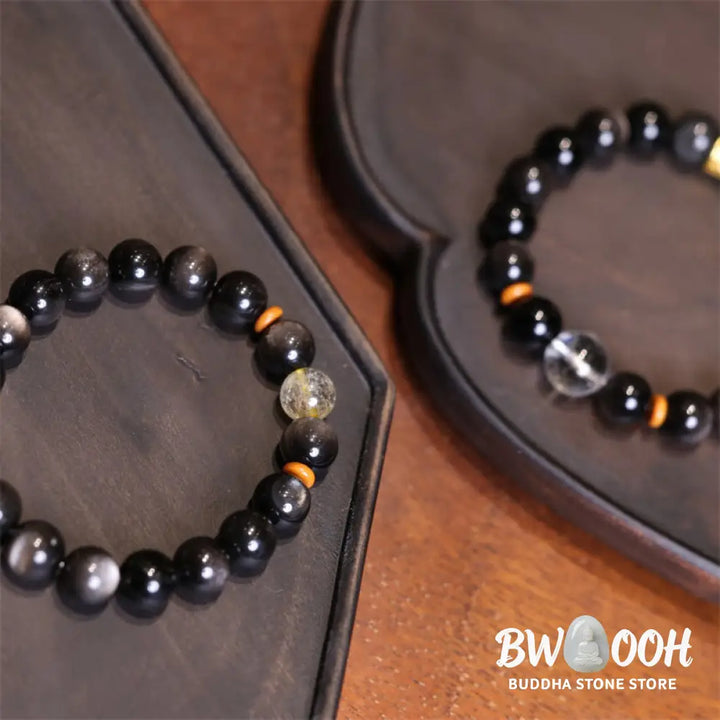 Buddha Stones Natural Silver Sheen Obsidian Crystal Om Mani Padme Hum Bead Protection Bracelet - BWOOOH - Bracelet