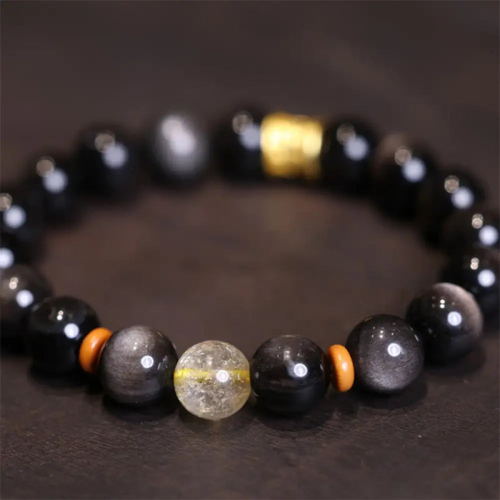 Buddha Stones Natural Silver Sheen Obsidian Crystal Om Mani Padme Hum Bead Protection Bracelet - BWOOOH - Silver Sheen