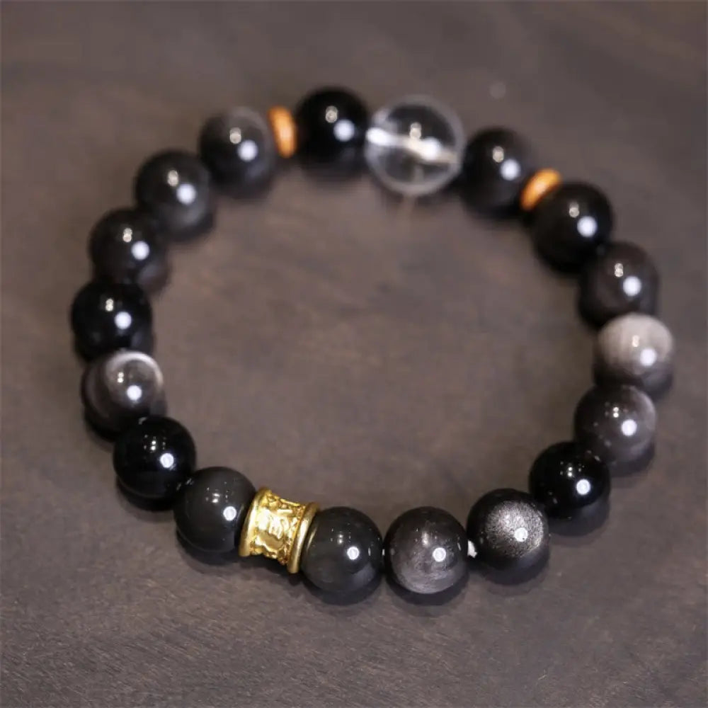 BWOOOH Natural Silver Sheen Obsidian Crystal Om Mani Padme Hum Bead Protection Bracelet - BWOOOH - Silver Sheen