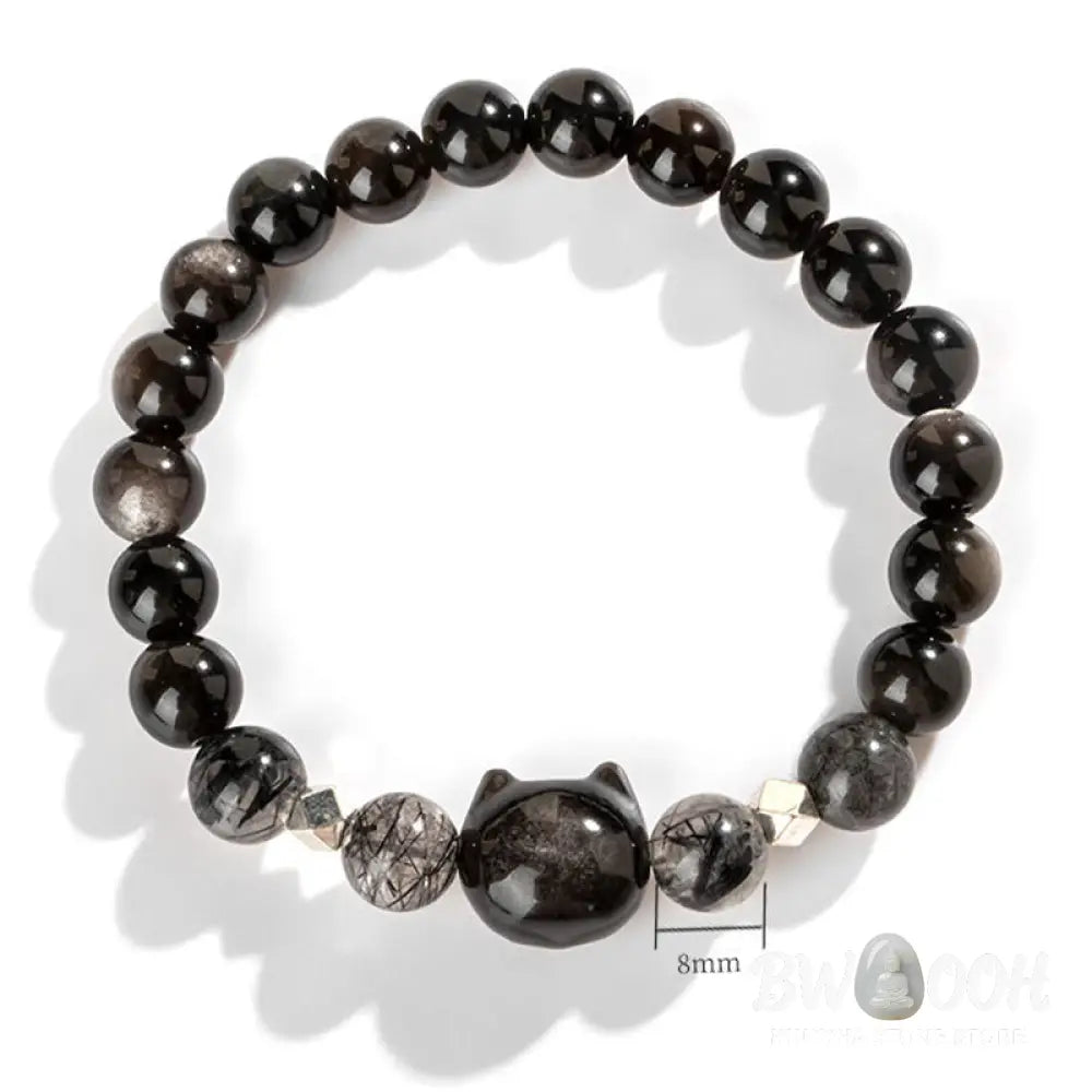 Buddha Stones Natural Silver Sheen Obsidian Cute Cat Head Protection Bracelet - BWOOOH - Bracelet