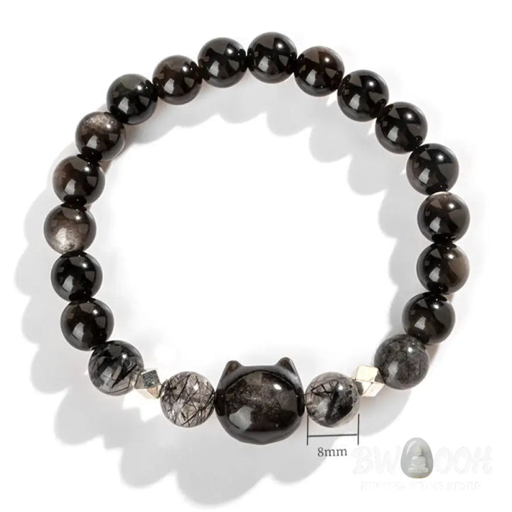 Buddha Stones Natural Silver Sheen Obsidian Cute Cat Head Protection Bracelet - BWOOOH - Bracelet