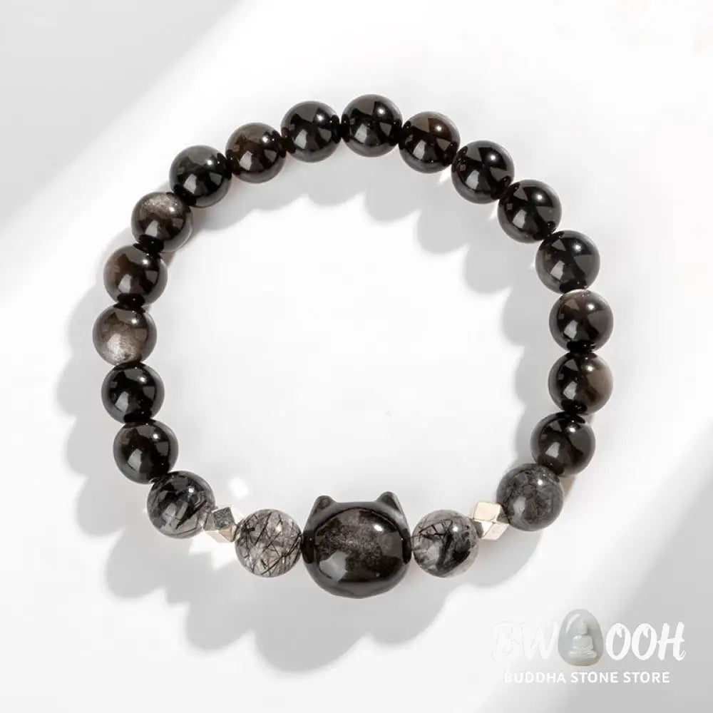 Buddha Stones Natural Silver Sheen Obsidian Cute Cat Head Protection Bracelet - BWOOOH - Bracelet