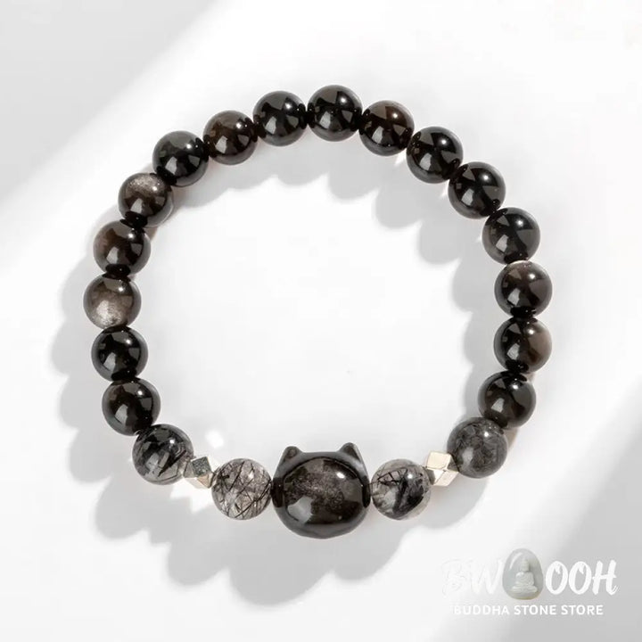 Buddha Stones Natural Silver Sheen Obsidian Cute Cat Head Protection Bracelet - BWOOOH - Bracelet