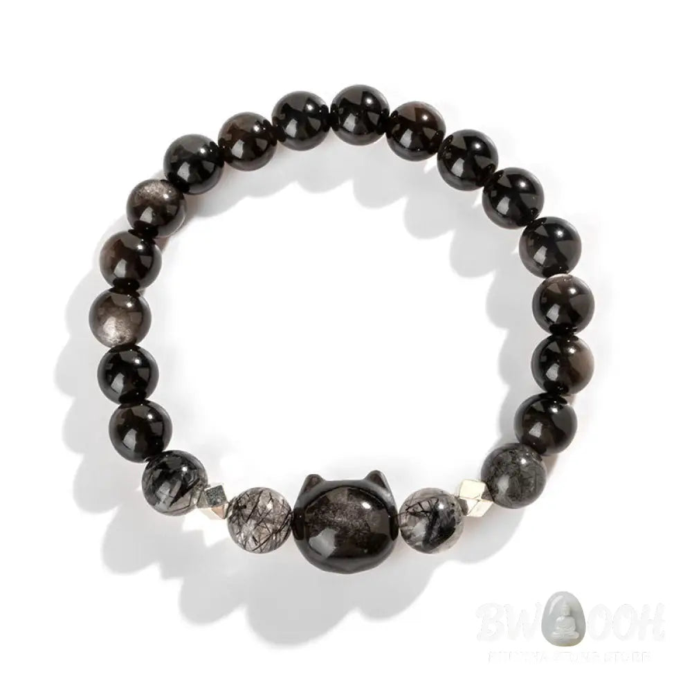 Buddha Stones Natural Silver Sheen Obsidian Cute Cat Head Protection Bracelet - BWOOOH - Bracelet