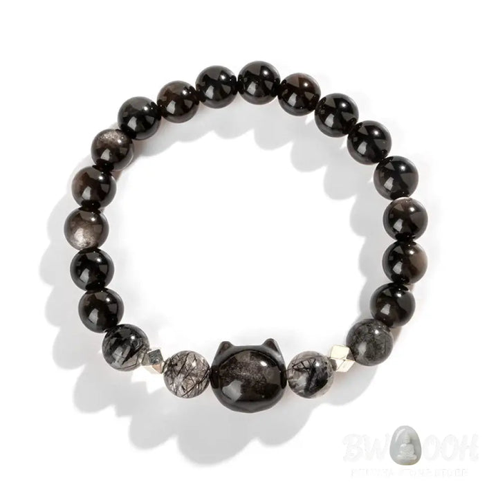 Buddha Stones Natural Silver Sheen Obsidian Cute Cat Head Protection Bracelet - BWOOOH - Bracelet