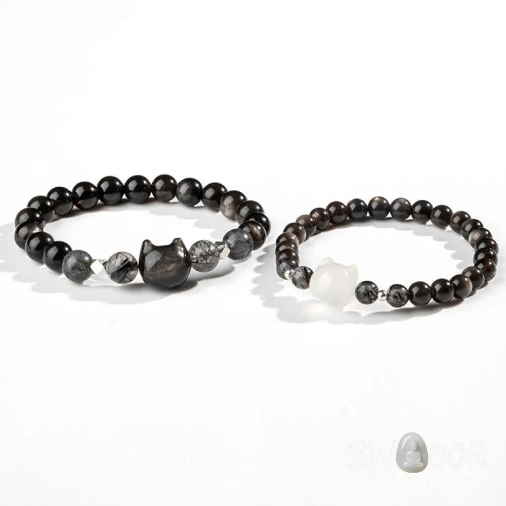 Buddha Stones Natural Silver Sheen Obsidian Cute Cat Head Protection Bracelet - BWOOOH - Bracelet