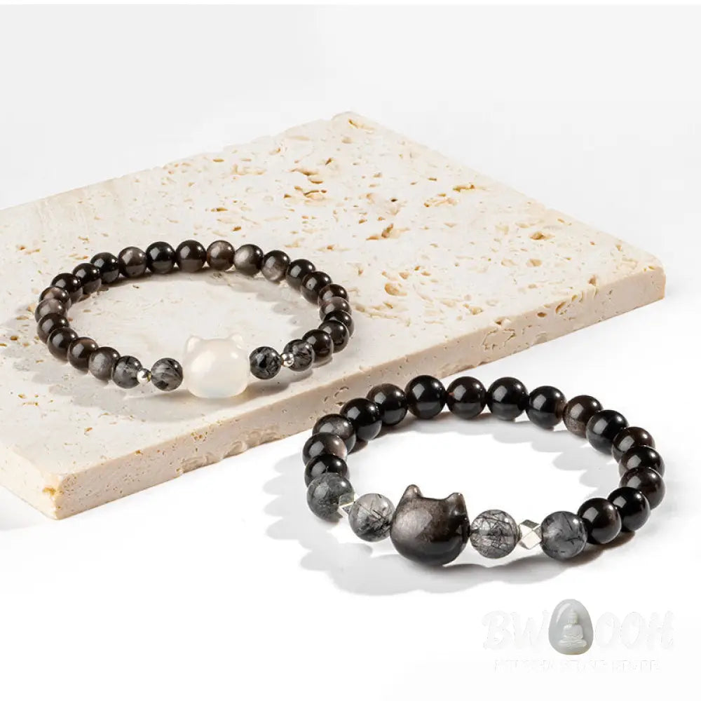 Buddha Stones Natural Silver Sheen Obsidian Cute Cat Head Protection Bracelet - BWOOOH - Bracelet