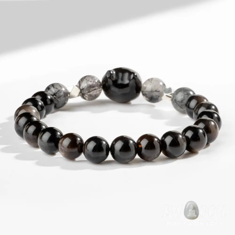 Buddha Stones Natural Silver Sheen Obsidian Cute Cat Head Protection Bracelet - BWOOOH - Bracelet
