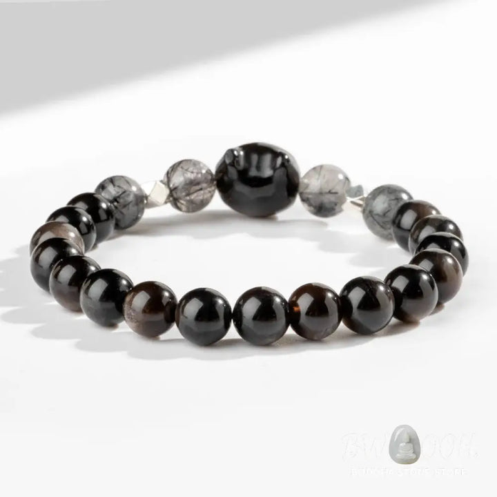 Buddha Stones Natural Silver Sheen Obsidian Cute Cat Head Protection Bracelet - BWOOOH - Bracelet