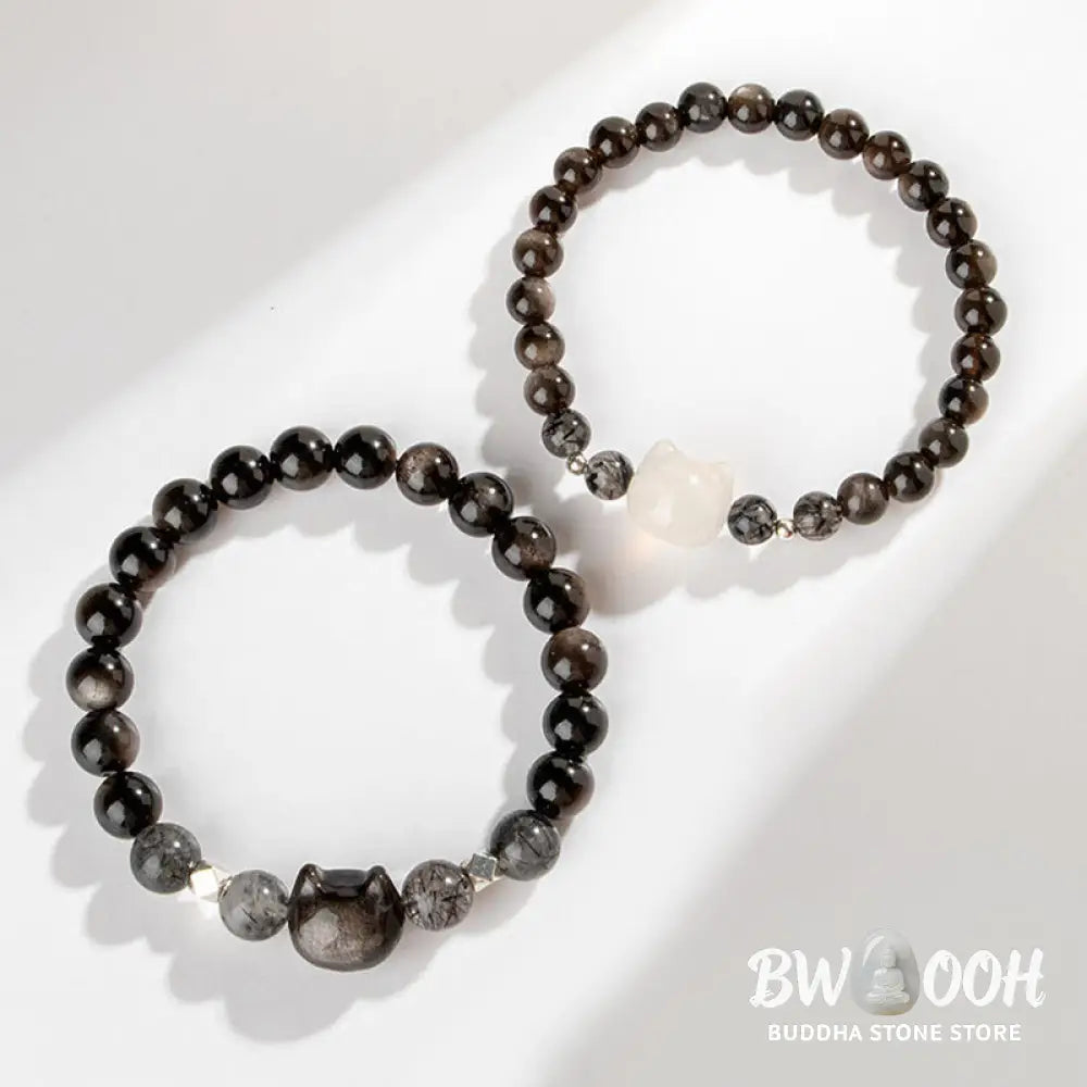 Buddha Stones Natural Silver Sheen Obsidian Cute Cat Head Protection Bracelet - BWOOOH - Bracelet