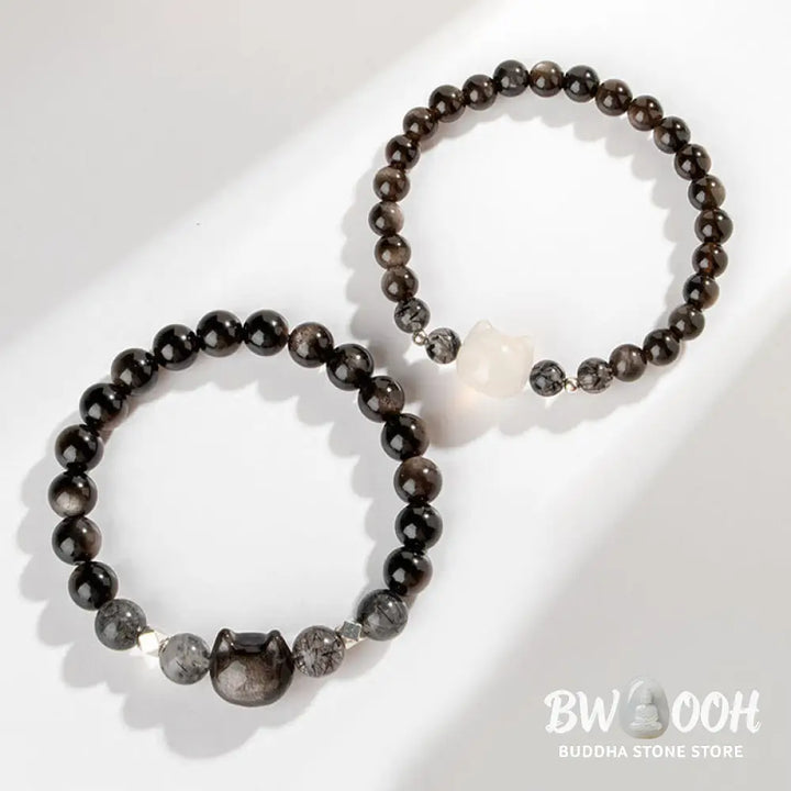 Buddha Stones Natural Silver Sheen Obsidian Cute Cat Head Protection Bracelet - BWOOOH - Bracelet