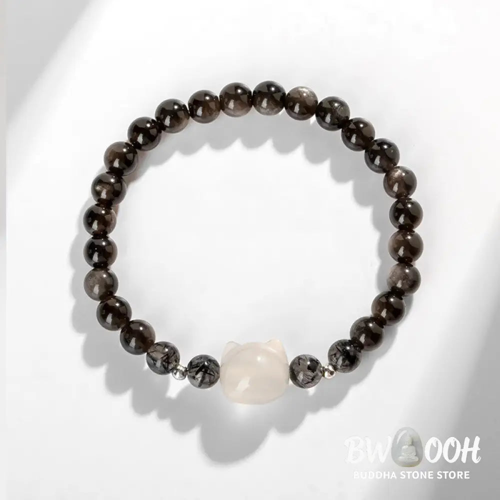 Buddha Stones Natural Silver Sheen Obsidian Cute Cat Head Protection Bracelet - BWOOOH - Bracelet