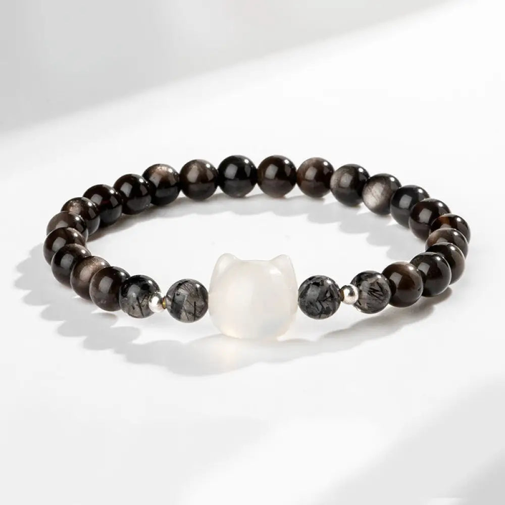 Buddha Stones Natural Silver Sheen Obsidian Cute Cat Head Protection Bracelet - BWOOOH - Silver Sheen Obsidian&amp;White
