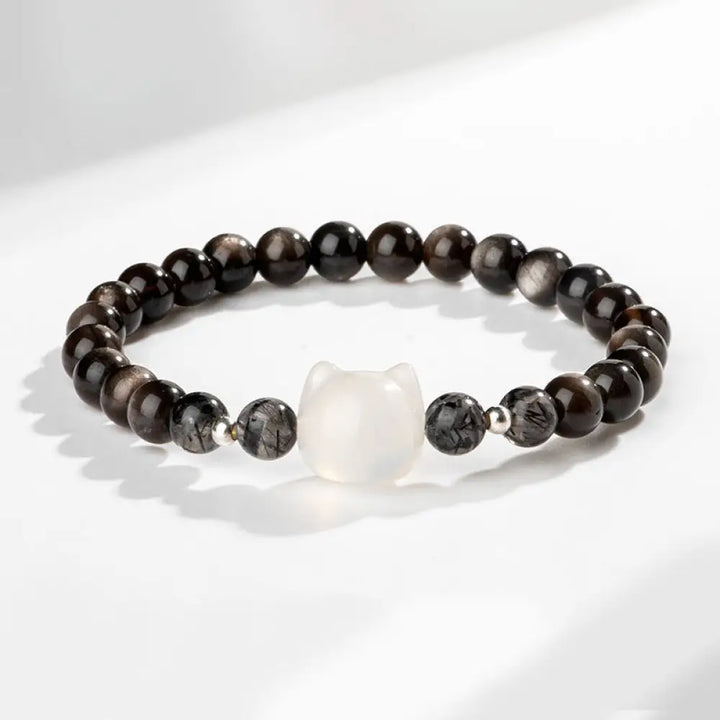 Buddha Stones Natural Silver Sheen Obsidian Cute Cat Head Protection Bracelet - BWOOOH - Silver Sheen Obsidian&amp;White