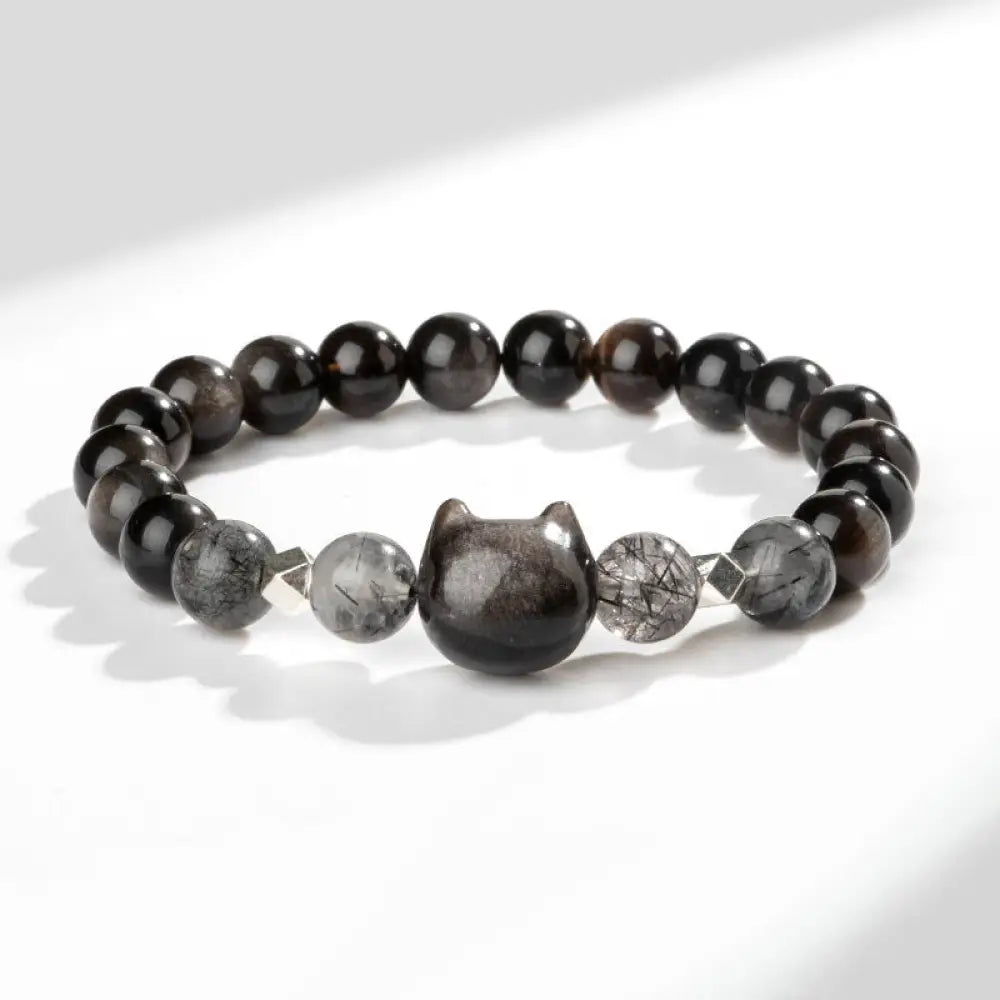 BWOOOH Natural Silver Sheen Obsidian Cute Cat Head Protection Bracelet - BWOOOH - Silver Sheen Obsidian(Wrist