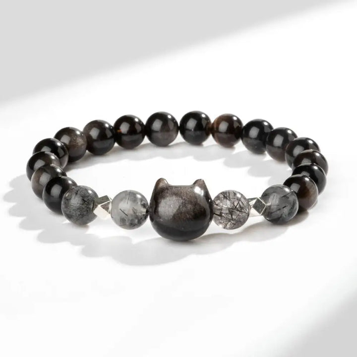BWOOOH Natural Silver Sheen Obsidian Cute Cat Head Protection Bracelet - BWOOOH - Silver Sheen Obsidian(Wrist