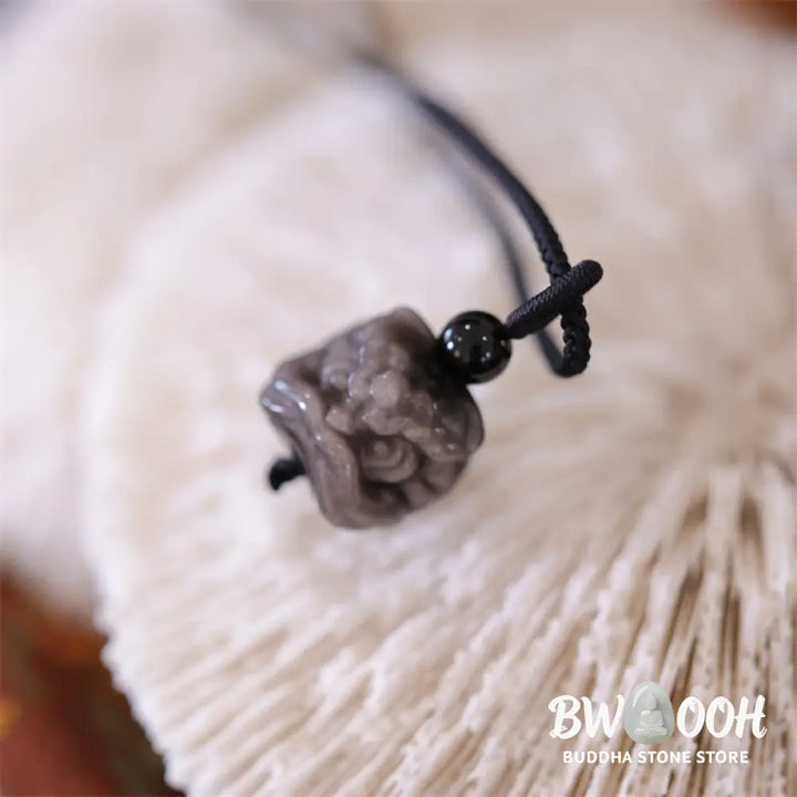 Buddha Stones Natural Silver Sheen Obsidian Dancing Lion Protection Necklace Pendant - BWOOOH - Silver Sheen